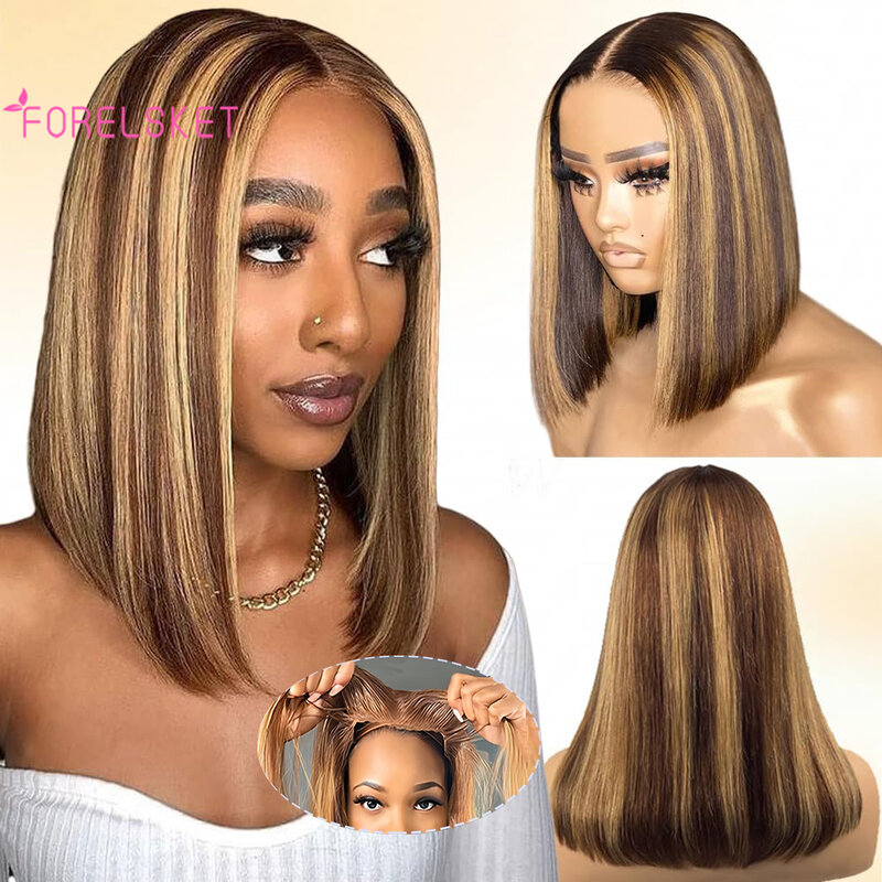 FORELSKET Highlight Honey Blonde Lace Front Wig Human Hair Ombre 4/27 Glueless Highlighted Bob 180% Density Highlight Bob Wig