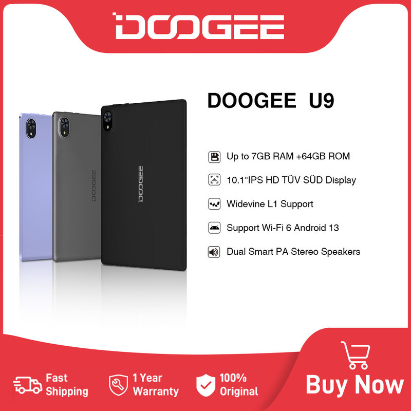 DOOGEE-Tableta U9 de 10,1 pulgadas, Tablet con pantalla IPS HD, certificado por TÜV, 7GB(3 + 4), 64GB, altavoces duales, WiFi 6, Widevine L1, compatible con batería de 5060mAh, Android 13