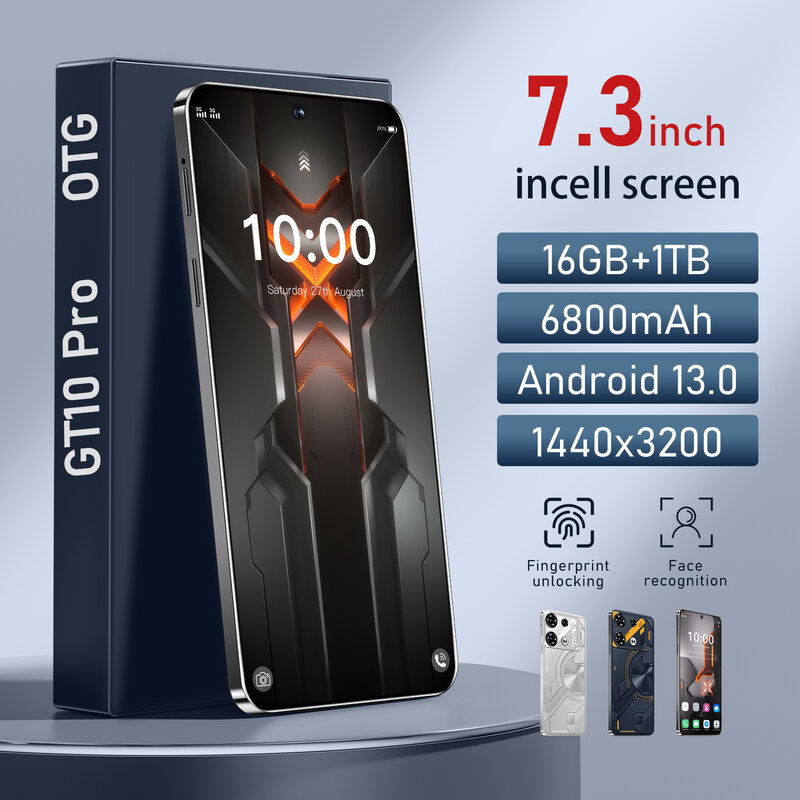 Ponsel pintar GT10 Pro, HP Android Dual SIM 2024 inci HD 16G + 1TB 7.0 mAh tidak terkunci