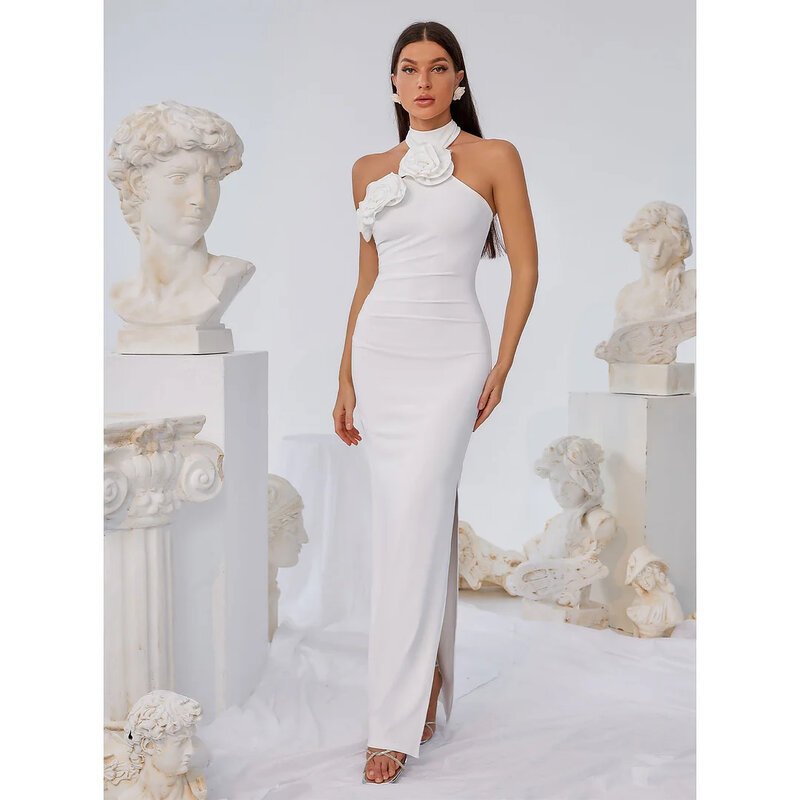 2023 белое женское вечернее платье с 3D цветами и лямкой на шее, вечерние платья для женщин, роскошное Клубное вечернее мини-платье es