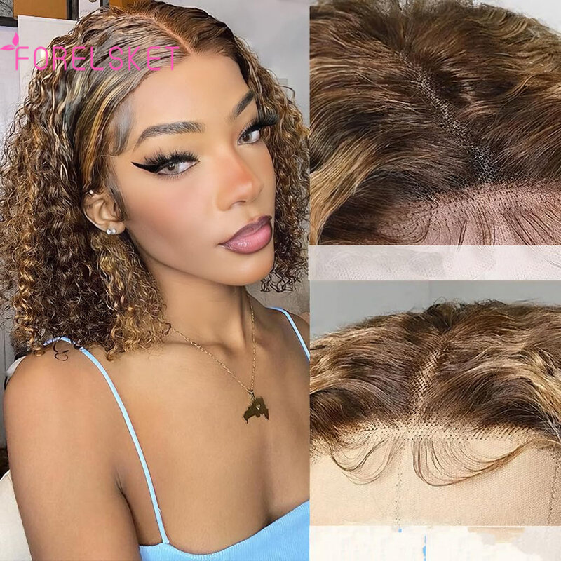 Peluca de cabello humano rizado con encaje frontal 13x4 para mujer, pelo corto brasileño Remy de onda profunda, Color rubio y marrón, 13x4