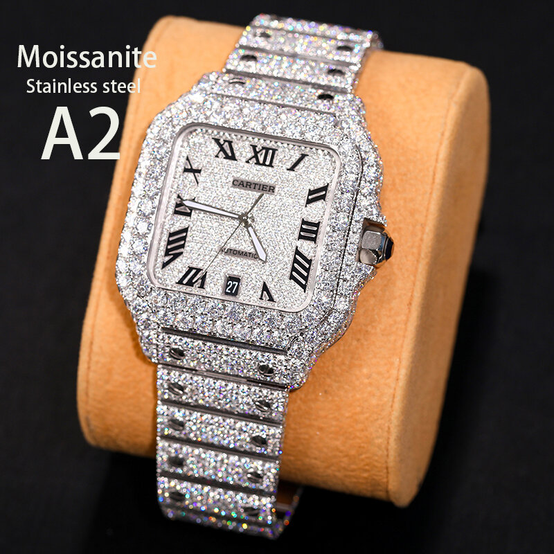 Relógios masculinos de luxo aço inoxidável cinta relógios para o gelo feminino para fora moissanite enviar com certificado