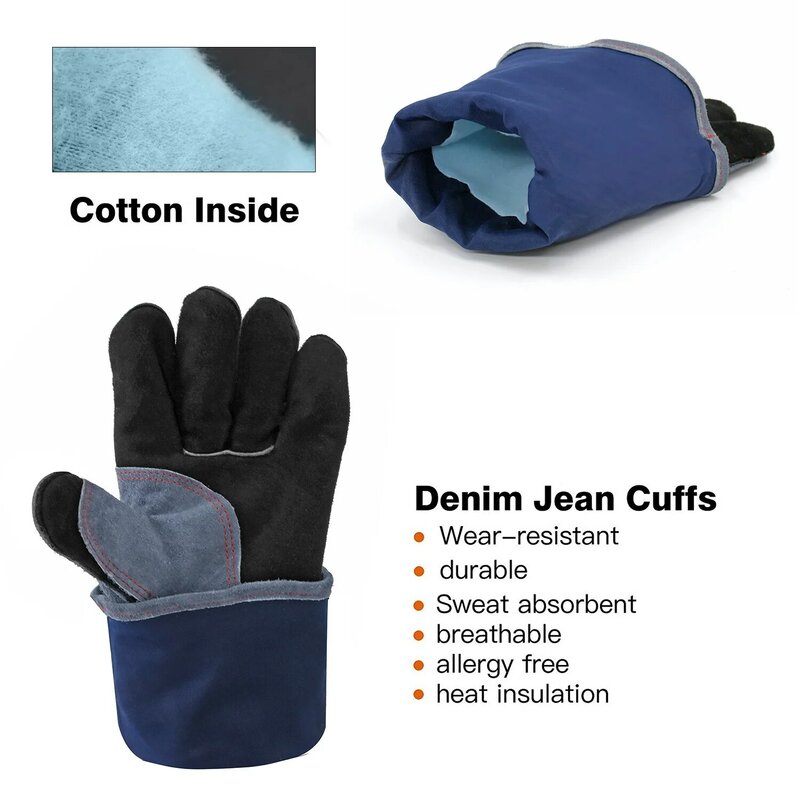 HZXVOGEN Welding Gloves For Welder works with Blue Palm Welders Thick Cow Split Leather Kitchen Stove Heat Puncture Resistant