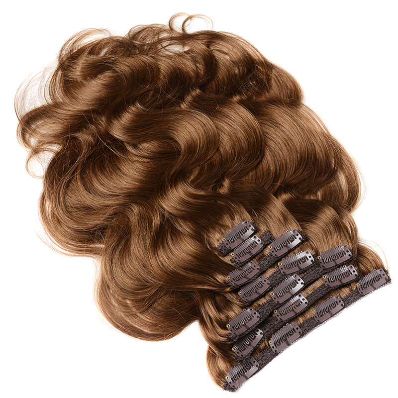 ブラジルのヘアエクステンション、クリップ付き、100% 人間の髪の毛、二重横糸、耐久性のあるヘアピース、蜂蜜ブラウン、ボディウェーブ、ウェーブカール、8 #