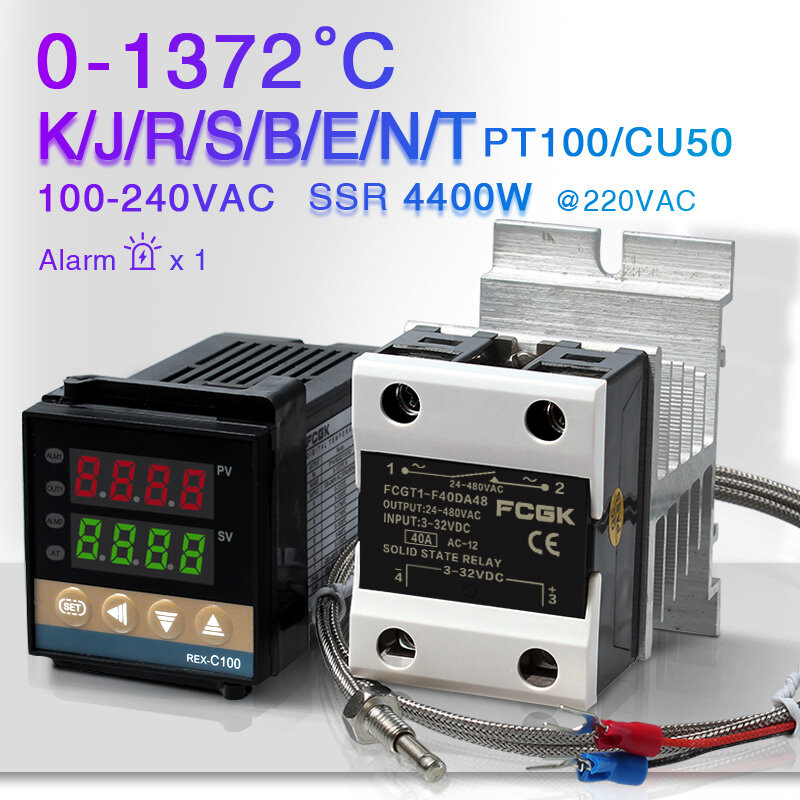 REX-C100 Controlador de Temperatura PID, Termostato Digital, Saída 40A SSR, Tipo K Termopar, 220V, 400 Graus