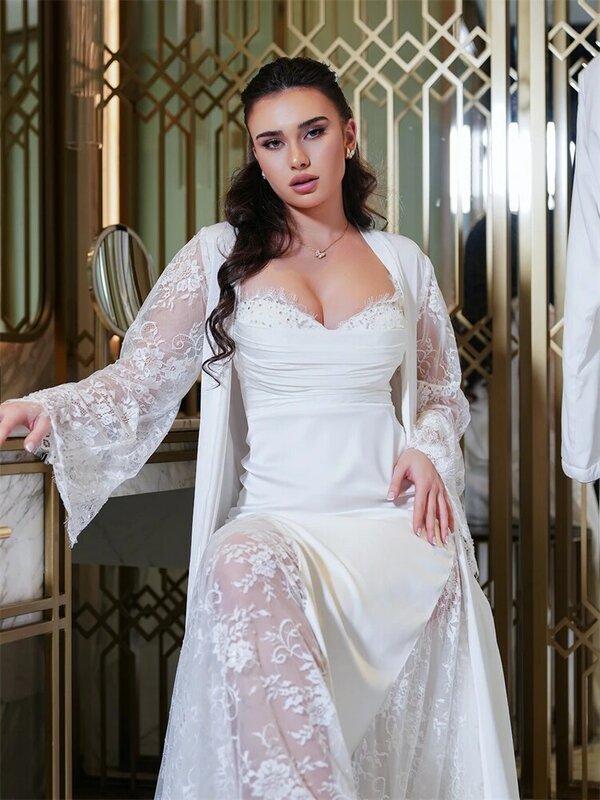 Elegante túnica de noiva com renda de duas peças para casamento, mangas sexy, tule macio, vestido de banho nupcial para mulheres, vestido de noite