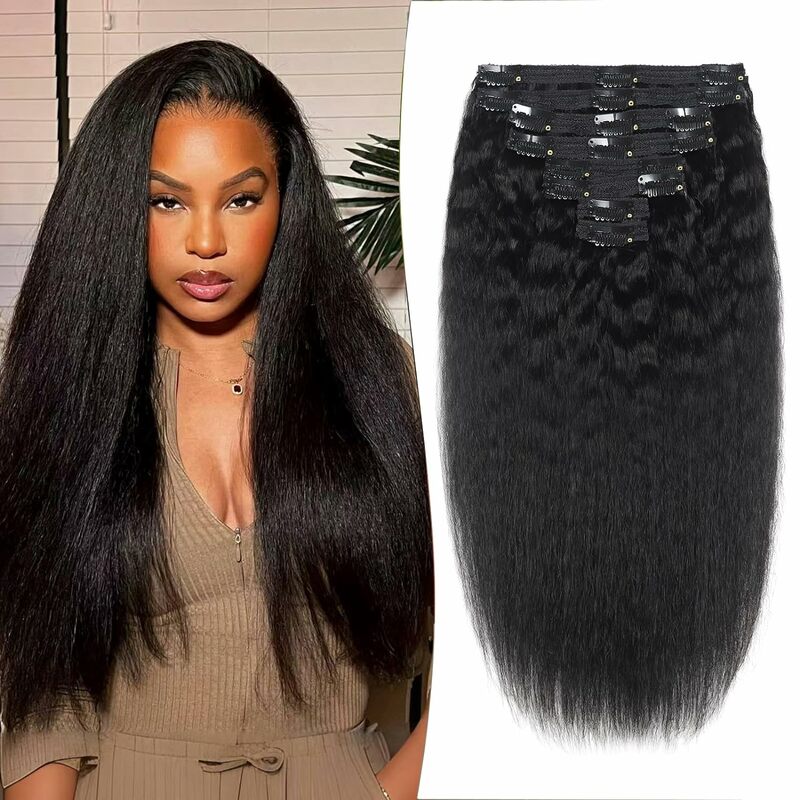 Kinky Straight Clip in Hair Extensions Real Human Hair Natural Black for Women Remy Kinky Straight Human Hair Seamless Clip ins