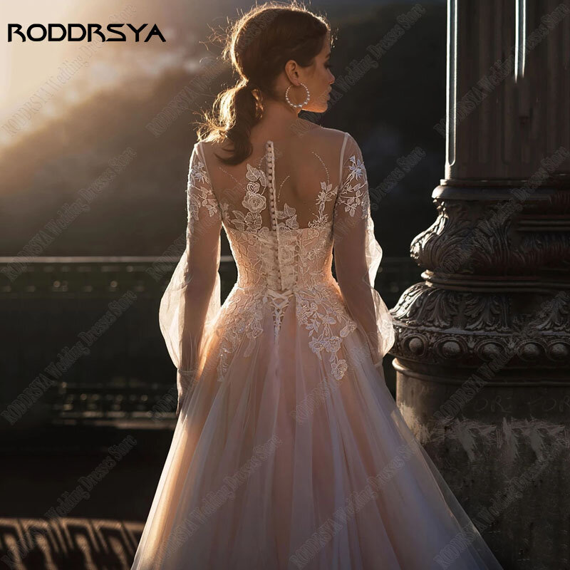 RODDRSYA O Cổ Áo Cưới Váy Đầm Cho Nữ Ren Dài Đèn Lồng Tay Đầm Cô Dâu Một Dòng Vestidos De Noiva Mariage 2023