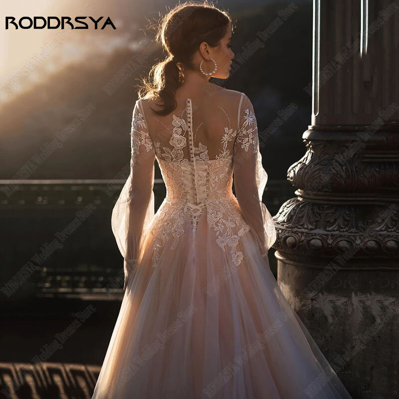 Rodrsya – robe De mariée en dentelle, col rond, manches longues lanternes, ligne A, 2023 Robes de mariée à col O pour femmes Robe de mariée à manches longues en dentelle robe de mariée bohème