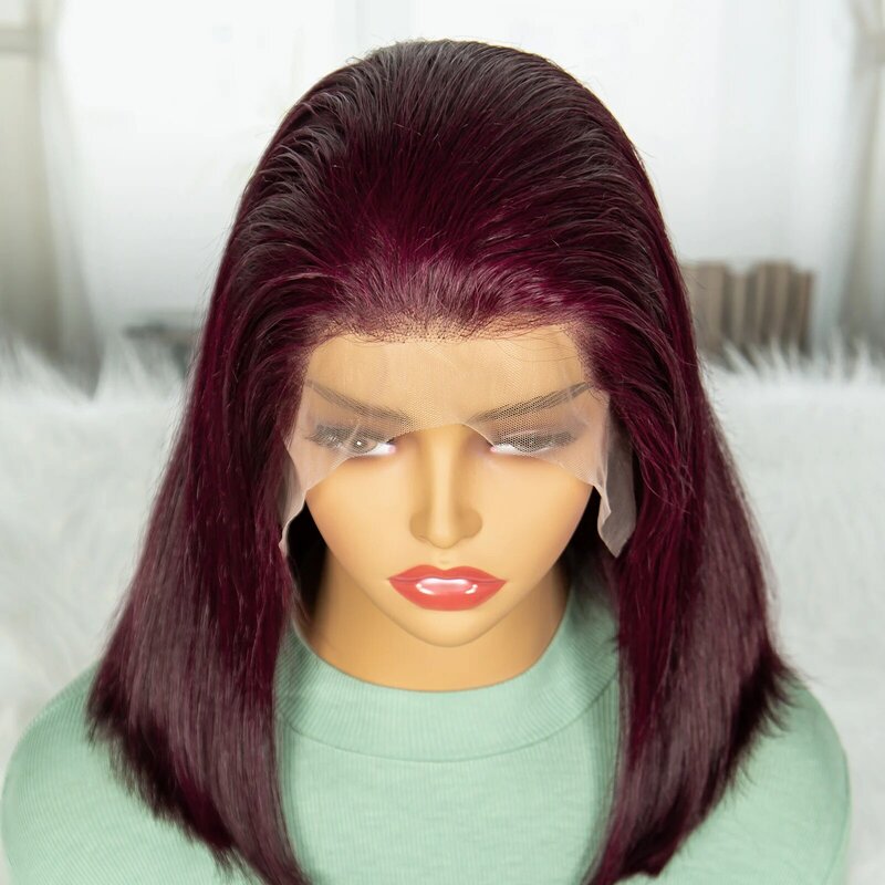 Borgonha curto reta Bob perucas, peruca frontal de renda transparente, cabelo humano Remy brasileiro, colorido, 13x4, 99J