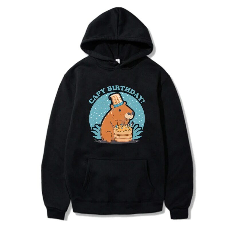 Capy hoodie ulang tahun wanita, Sweatshirt cetakan kartun Unisex imut Capybara, Hoody lembut hadiah kasual Pullover modis