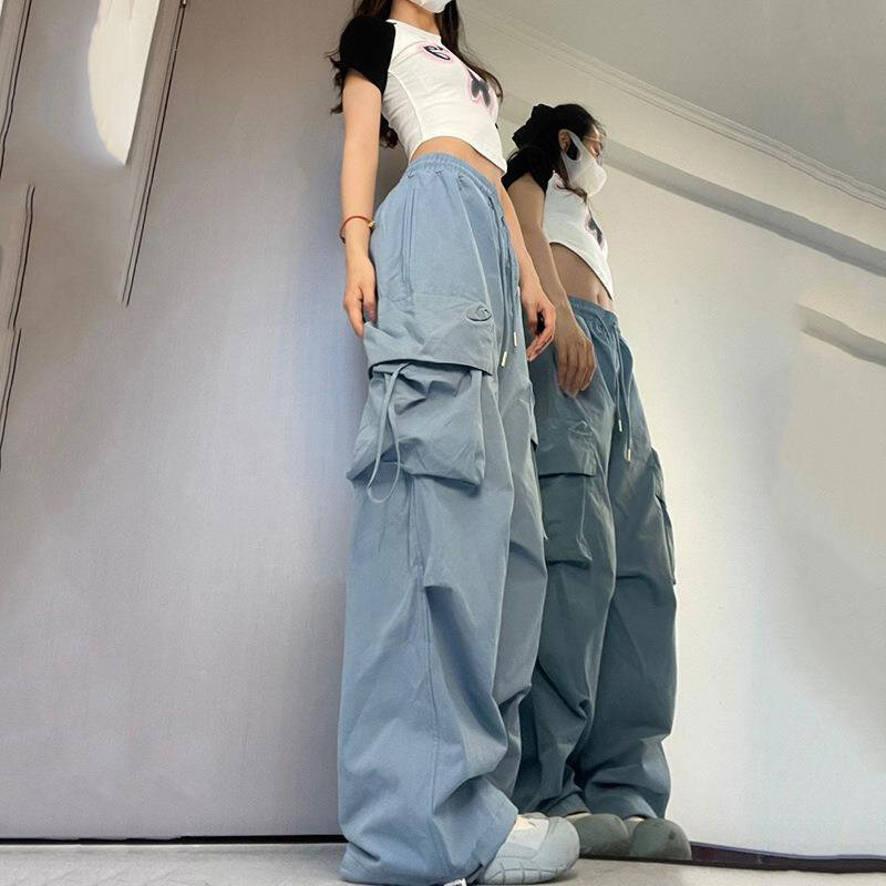 Pantalones Cargo Y2K para mujer, ropa de calle de cintura alta, pantalones de chándal holgados con cordón y bolsillos grandes, informales
