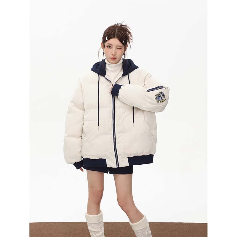 Корейская версия, зимняя Новинка, повседневная хлопковая одежда для женщин Y2K, комплект из двух предметов с имитацией двух предметов, куртка на молнии с карманами, плотное пальто