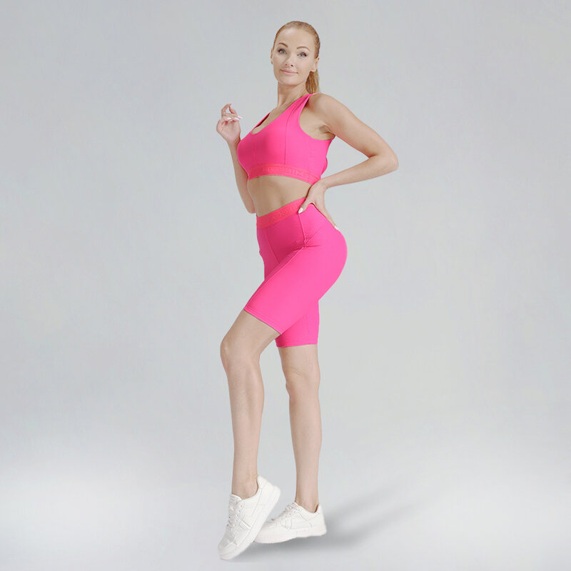 BODYGO Hot Pink Yoga Set Shorts Leggings Sports Tights Workout Ribbed Yoga Sets