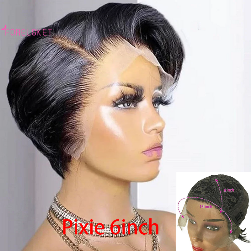 Pelucas de cabello humano brasileño con encaje Frontal, pelo Pixie liso y sedoso, 13x4, 100%