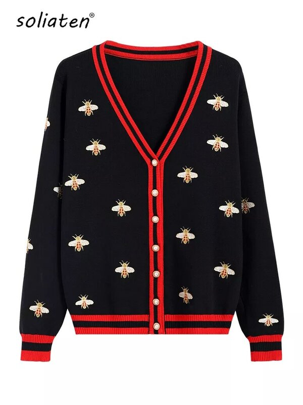 Высококачественный модный дизайнерский кардиган с вышивкой в виде пчелы, однобортный трикотажный свитер контрастных цветов на пуговицах с длинными рукавами