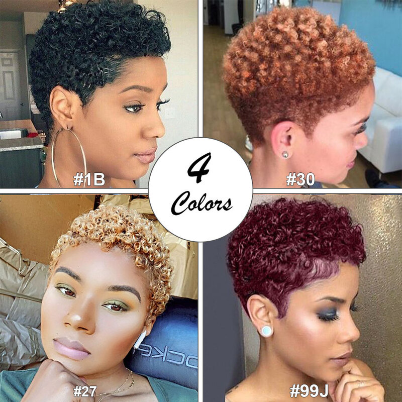 Glueless Short Curly Human Hair Wigs For Black Women Pixie Bob Afro Kinky Brazilian Remy Natural Part Side With Bangs Cheap Wigs
