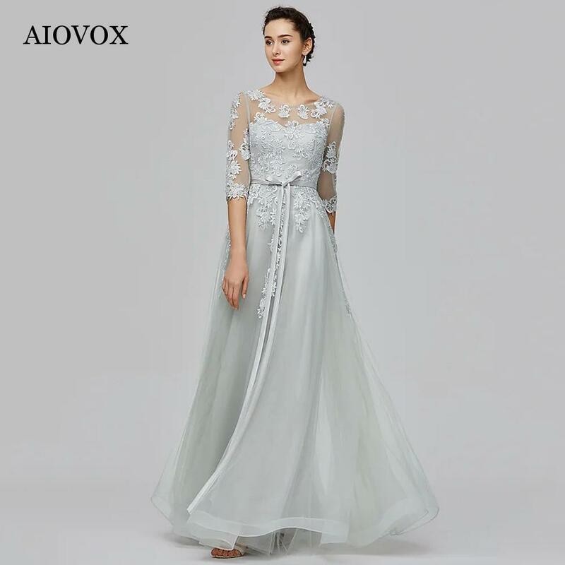 AIOVOX Elegante Appliques Brautjungfer Kleider A-linie Organza Spitze-Up Einfache Abendkleider Für Frauen Illusion Vestidos De Noche