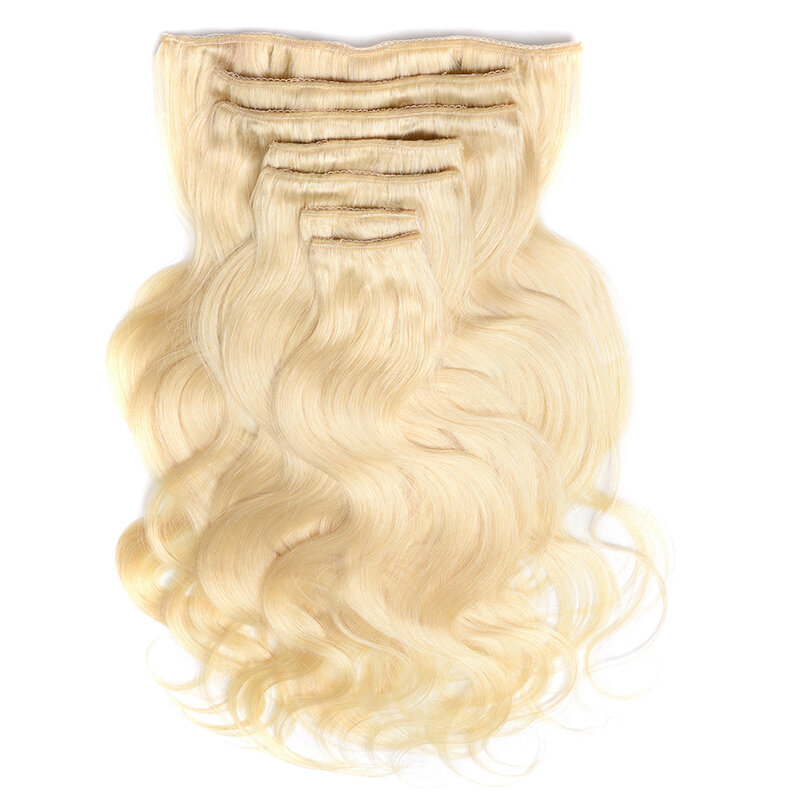 Klip rambut manusia berombak pirang pemutih 14 "hingga 24 60 # Ekstensi klip rambut manusia Remy gelombang tubuh klip rambut asli pada 110"-200G