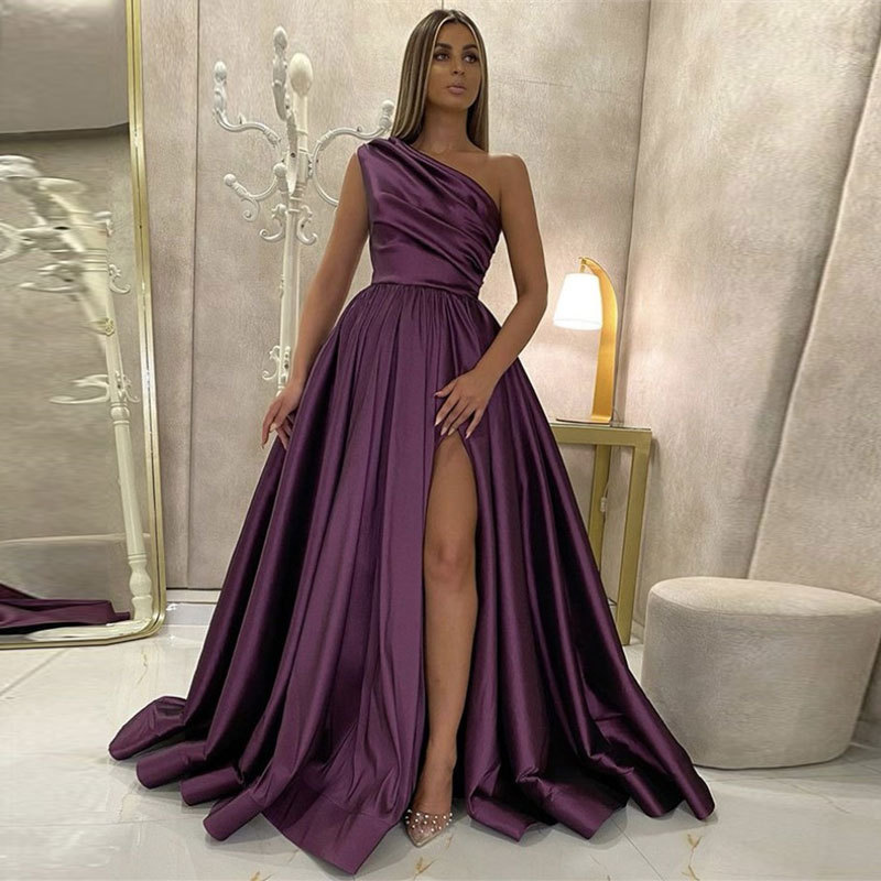 One Shoulder Satin Long Prom Dresses For Women Elegant A Line Formal Evening Dress Sexy Ball Gowns With Pleat Homecoming Dresses