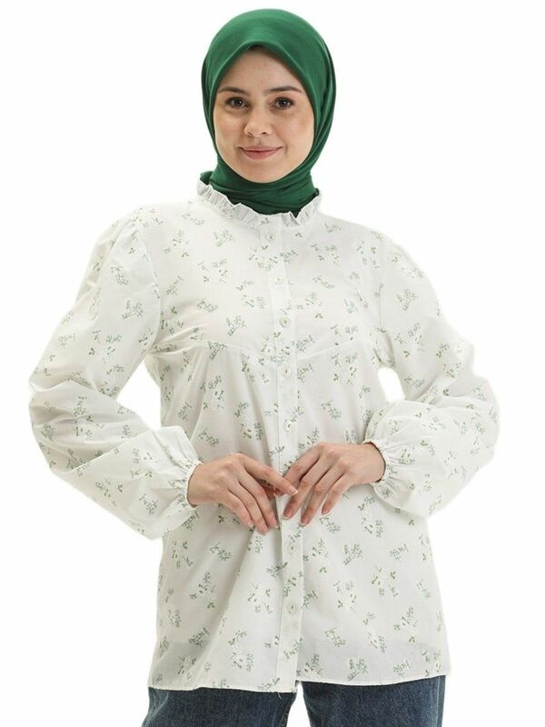Camisa estampada floral com gola franzida para mulheres, botões de manga comprida, moda muçulmana, turca, árabe e islâmica, 4 estações do ano