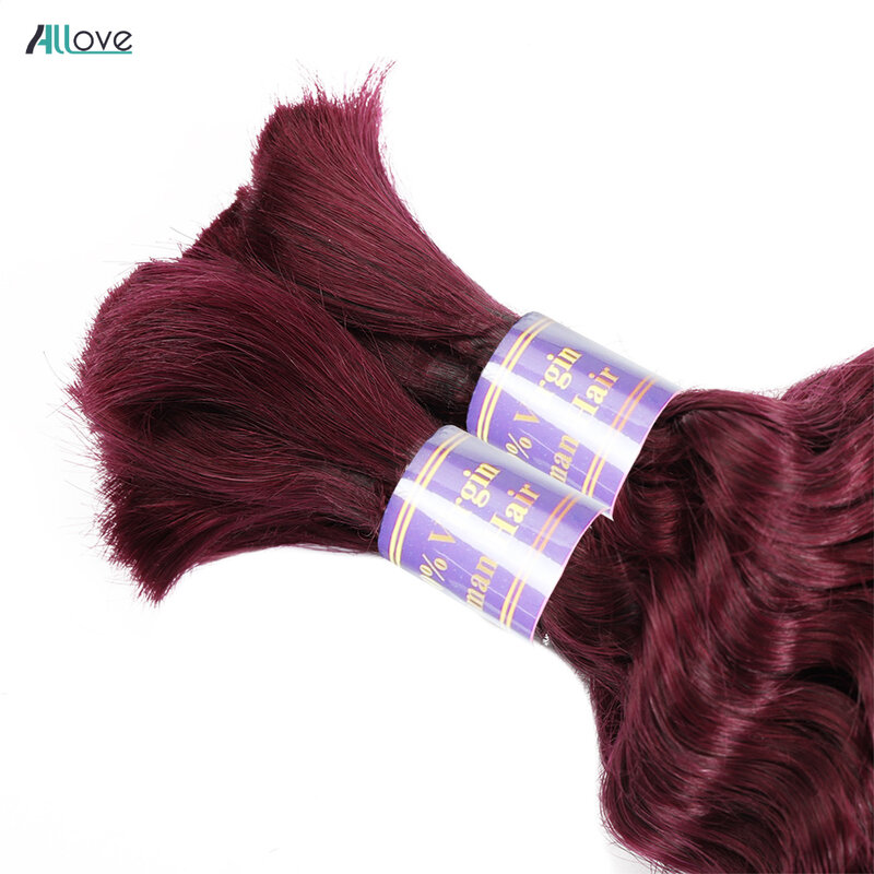 Allove 99J Burgundy Bulk Human Hair For Braiding Brazilian Deep Wave Bulk 1 3 4 Pieces Colored Remy Hair Extensions For Women