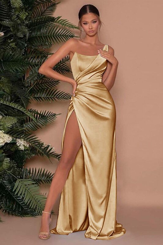 Vestido longo com cetim de um ombro, Vestido sem costas com divisão, Vestidos de dama de honra formais, Sexy e elegante, Dourado