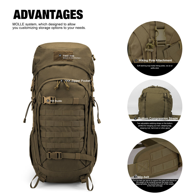 Mardingtop 50L Molle Hiking Internal Frame Backpacks with Rain Cover for Camping Bushcraft Military