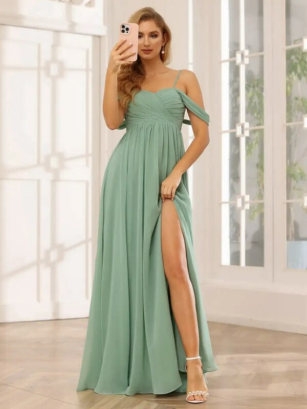 Women Off-The-Shoulder Chiffon Formal Dresses With Split Long Spaghetti Straps Prom Grown Party A-line Elegant Bridesmaids Dress