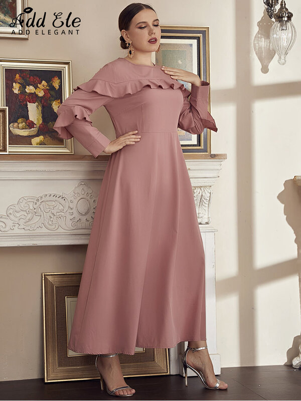 Aggiungi elegante Plus Size 2022 autunno abiti da donna manica a farfalla volant O collo abbigliamento femminile rosa a-line Midi Dress B215