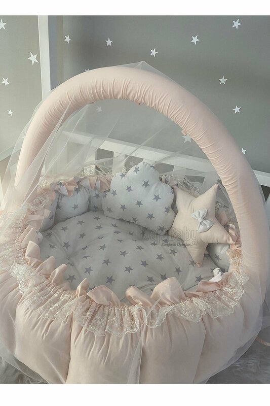 Handmade Salmon Color Retractable - Collapsible Play Mat with Mosquito Net Apparatus Babynest