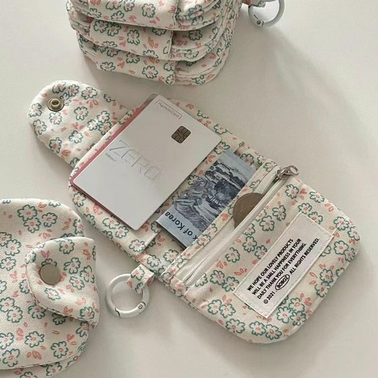 Cute Floral Hanging Cardholder Coin Purse Multi-layer Canvas Earphone Storage Pouch On-the-go Bag