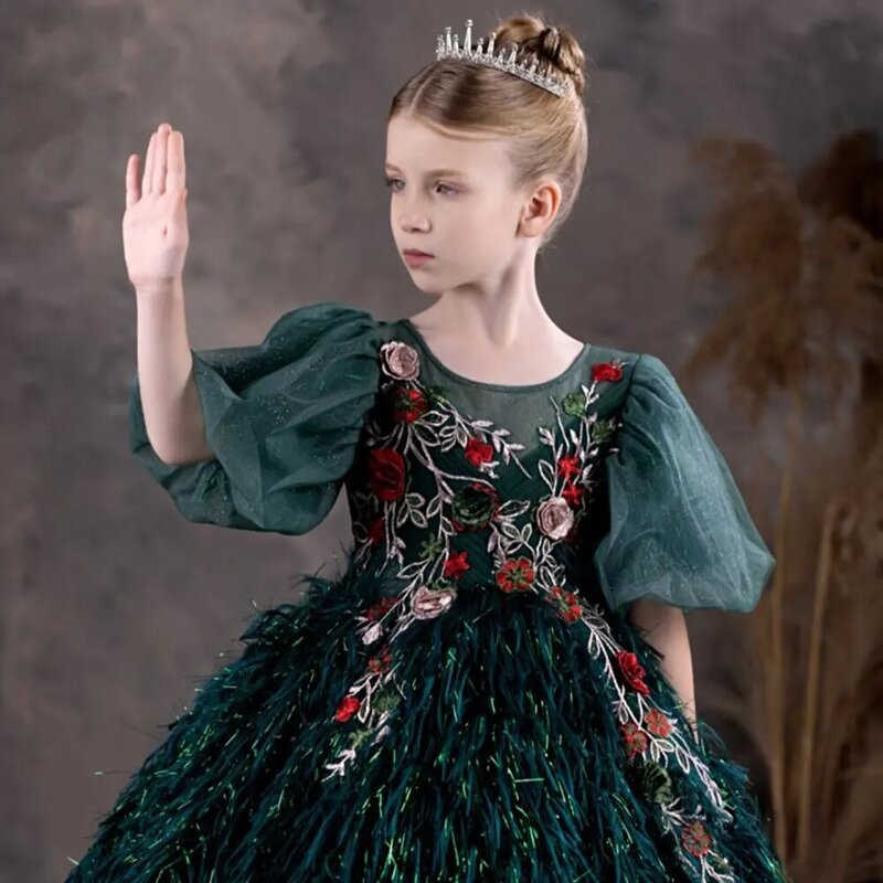 Jill Wish Luxe Dubai Groen Bloemenmeisje Jurken Veren Applique Prinsessenjurk Voor Kinderen Verjaardag Trouwfeest Optocht J127