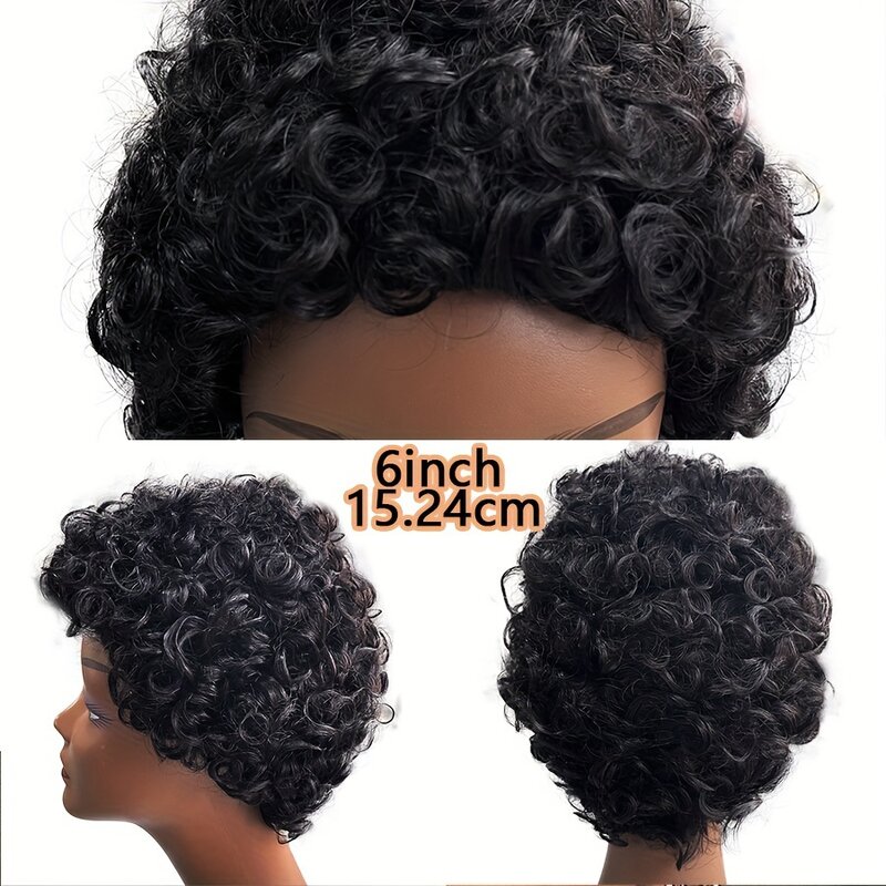 Parrucche ricci taglio corto Pixie capelli umani # 1B parrucche piene fatte a macchina dell'onda dell'acqua per le donne 180% densità capelli umani Remy brasiliani