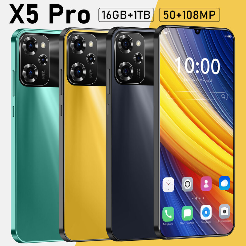 X5 pro-デュアルSIMスマートフォン,Androidスマートフォン,7.0 hd画面,16g 1t,5g,ロック解除,108mp,7000mah,携帯電話,オリジナル