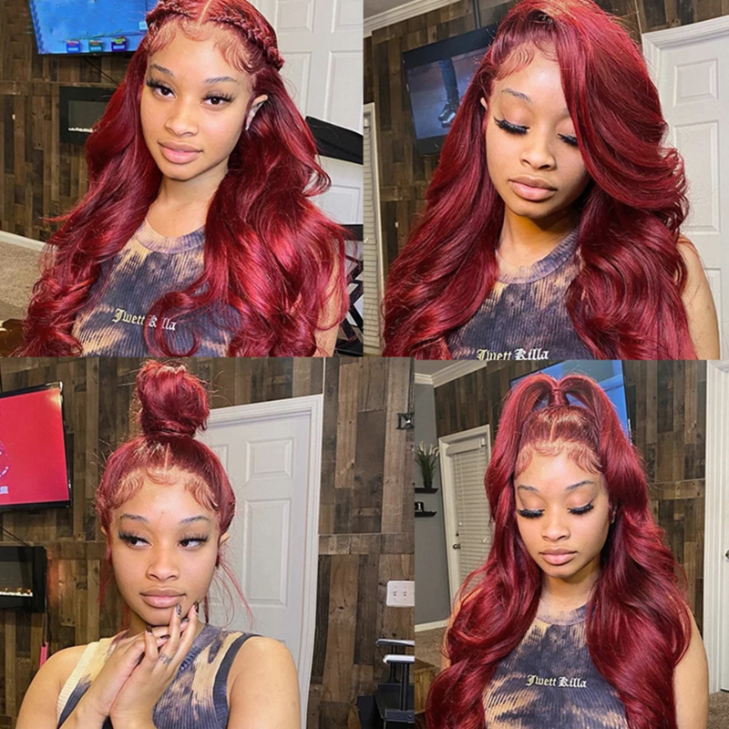 Парики для женщин бордовые из натуральных человеческих волос, 13x 4, 34 дюйма