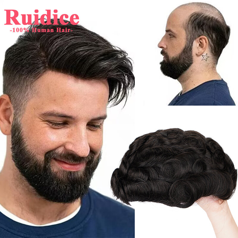 Tupé de cabello humano europeo para hombres, postizos naturales delanteros de encaje suizo, piel fina de 0,08mm, peluca de repuesto de cabeza completa de PU, 8x10