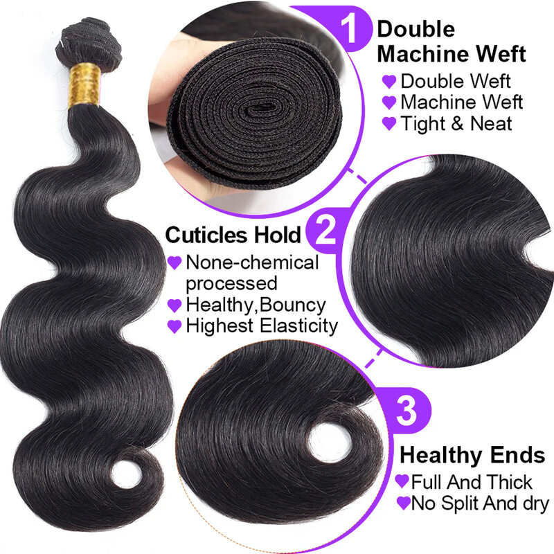 Brazilian Body Wave Hair Bundles, Weave Bundles, 3 Bundles, 13x4 Frontal Virgin, Remy Extensão do Cabelo Humano, 28 in, 30 in, 32 in