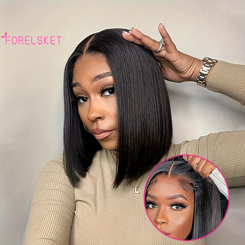 Pre Cut Skin Melt Lace Glueless Wig Invisible Knots Pre Plucked Silky Straight Bob Wig Natural Color Wear And Go Human Hair Wig