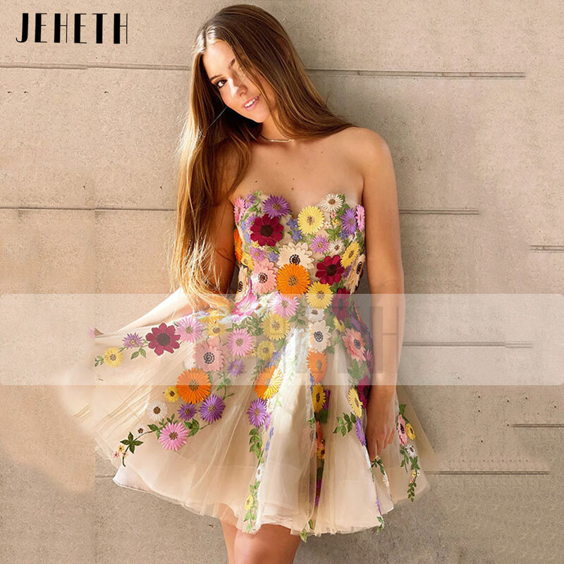 JEHETH Champagne Strapless Flores Tulle Mini Prom Homecoming Vestido Exquisite Querida A Linha Evening Party Vestido de Graduação Champagne, flores de ombro, vestuário de mini-dança, vestido de reunião de colegas, deli