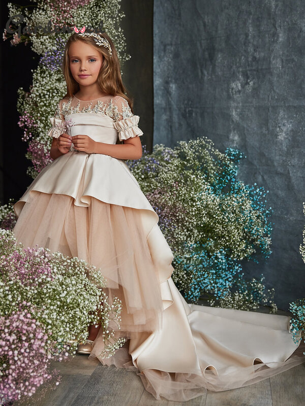 Puffy princesa vestido de aniversário crianças camadas vestidos da menina de flor oi-baixo vestido de princesa bonito primeiro comunhão vestidos