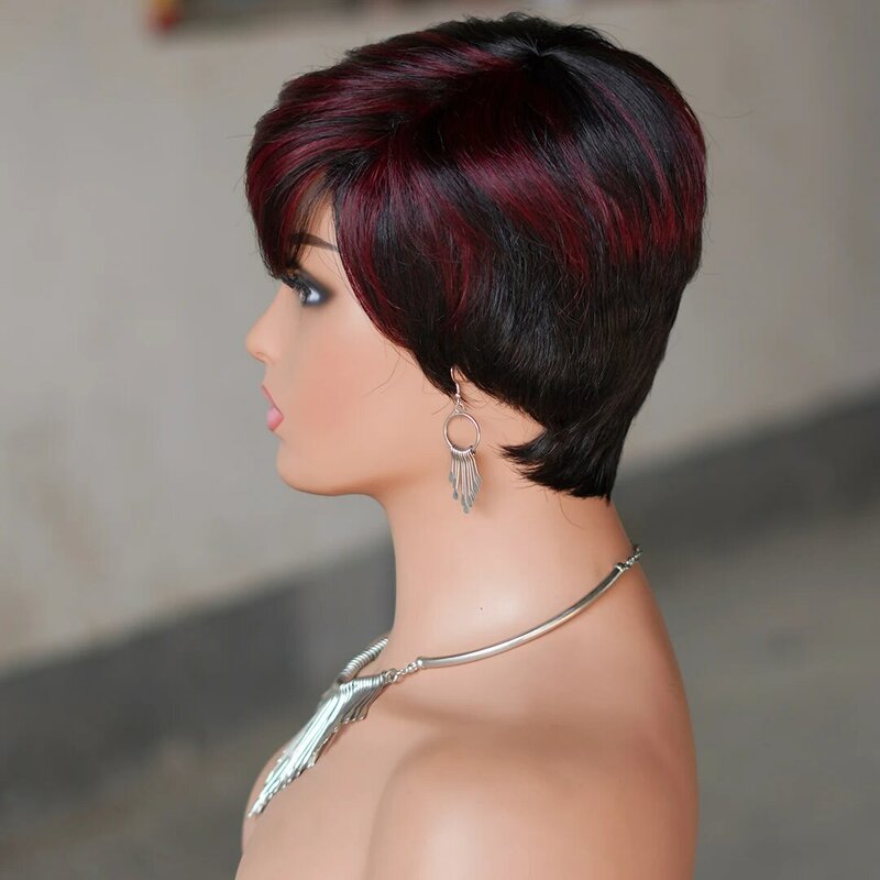 Парик T1B/99J из натуральных бразильских волос с короткой куклой, для ношения, без клея, прямые волосы, цвет, полностью машинная работа, парик с челкой