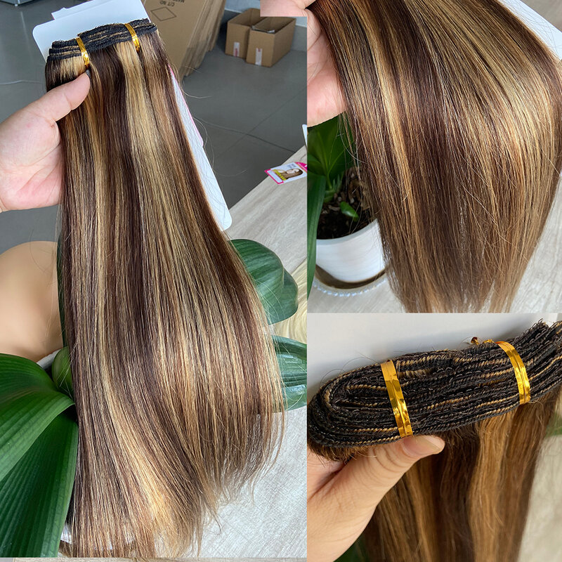 Extension de cheveux brésiliens à clipser pour femmes, P4/27, cheveux humains à clipser, point culminant, brun piano, blond, tête complète