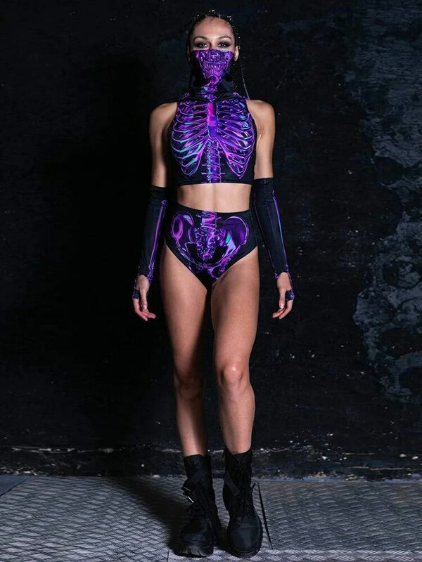 InsDoit-Ensemble deux pièces gothique Y2K pour femme, haut court à capuche sexy, slip, gants, modules, imprimé squelette, streetwear, punk, slim, été
