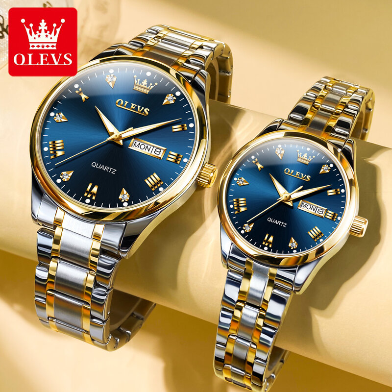 Olevs-男性と女性のためのステンレス鋼の腕時計、カップルの時計、ファッション、日付、週時計、防水、hd発光、ギフトボックスセット