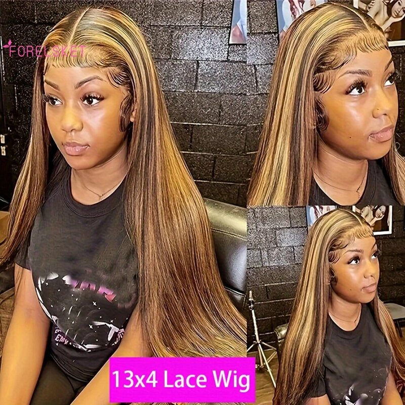 Perruque Lace Front Wig naturelle ombrée, cheveux humains, blond miel, 13x4 HD, balayage 4/27 transparent, pre-plucked, avec baby hair