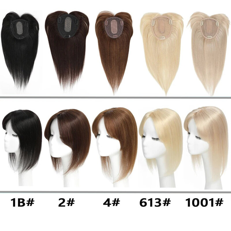 Toppers de cabello rubio 613 para mujer, pelucas de cabello humano 100% Real con flequillo, 12x13CM, Base superior de seda, Clip en postizo