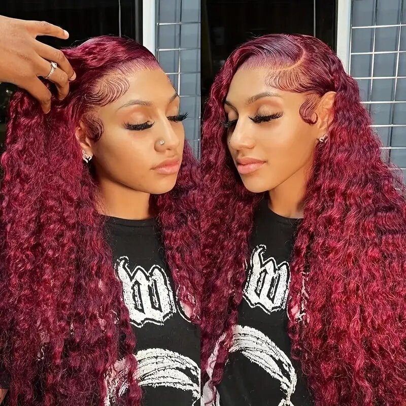Red Colored 13x4 Water Wave Lace Front Wigs Curly Human Hair 18-34 Inch 99j Burgundy Loose Deep Wave 13x6 Hd Lace Frontal Wig