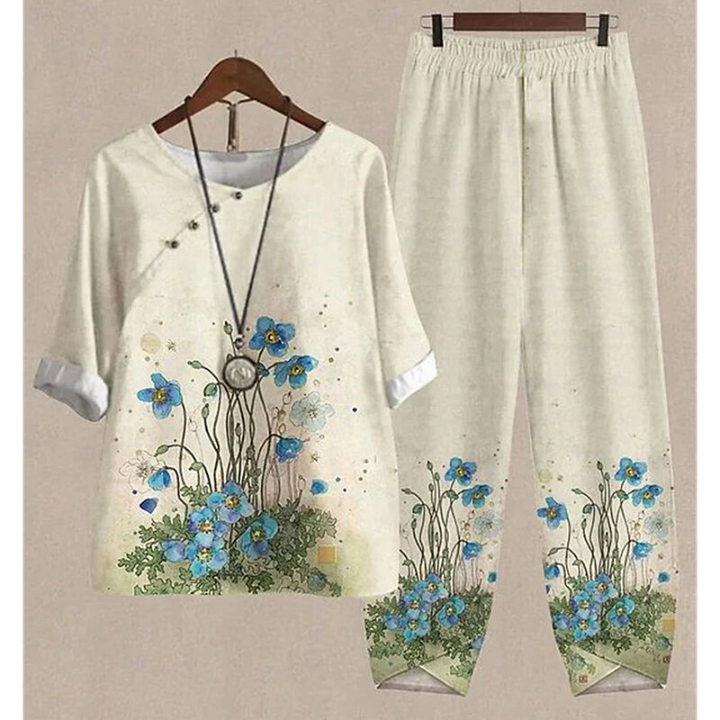 New Women O Neck Short Sleeve Suit Flower Print Elegant Two Piece Sets Female Outfits High Waist  Loose Pants Ladies Tops Summer