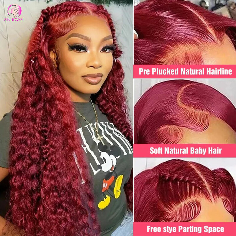 Curly Burgundy Deep Wave Lace Frontal Wig para mulheres, peruca brasileira colorida, cabelo humano frontal de renda HD, peruca pré-arrancada, 99j